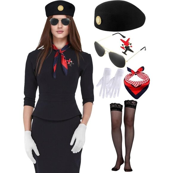 Women Flight Attendant Costume Accessories Set Hat Gloves Sunglasses Scarf Stock